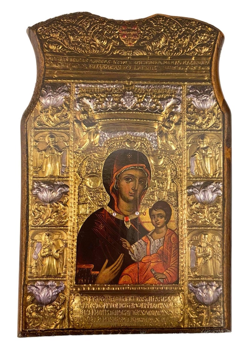 Mastic of Chios مستكة خيوس أيقونة خشبية يدوية الصنع للمسيحيين الأرثوذكس العذراء مريم سوملا من خشب صلب (13 سم أو 5.2 بوصة) - Image 1